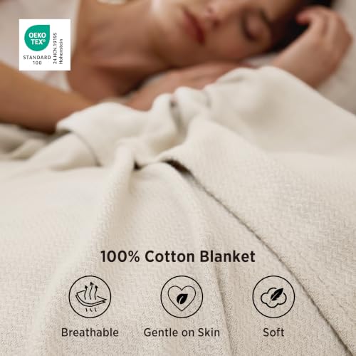 Bedsure 100% Cotton Queen Blanket - Lightweight Breathable Herringbone Woven Bed Blanket, Linen Beige
