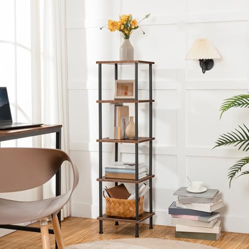 5-Tier Industrial Corner Shelf, Tall Rustic Brown Storage Display Rack