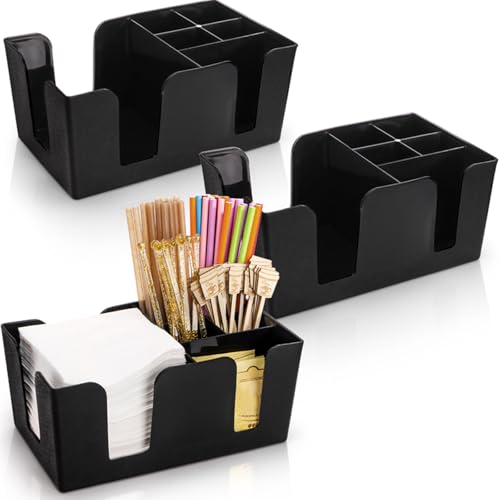 Tebery Black Plastic Bar Caddy 3 Pack with 6 Compartments - Refillable Organizer for Napkins, Straws, Utensils, Model Black-3