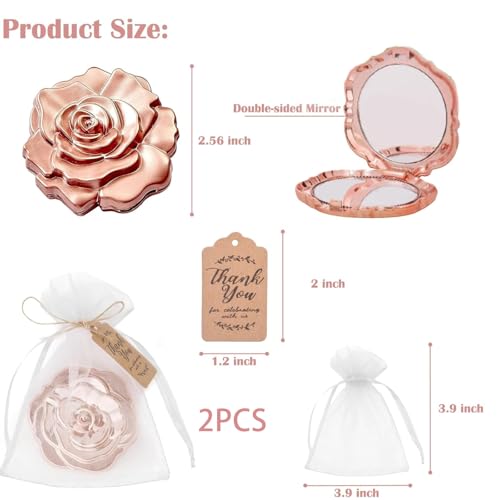 Rose Shaped Compact Mirror Set - 2 Pcs Rose Gold Pocket Mirrors for Favors