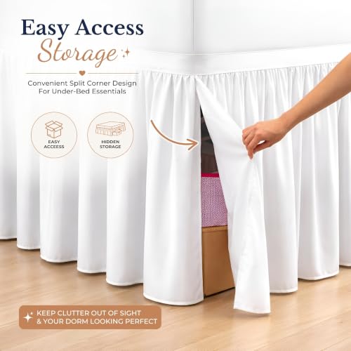 Twin XL Ruffled Dorm Bed Skirt with 30 Inch Drop - White Microfiber Dust Ruffle