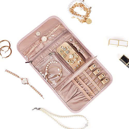 Foldable Travel Jewelry Organizer Roll with Clear Zipper Pockets - Pink