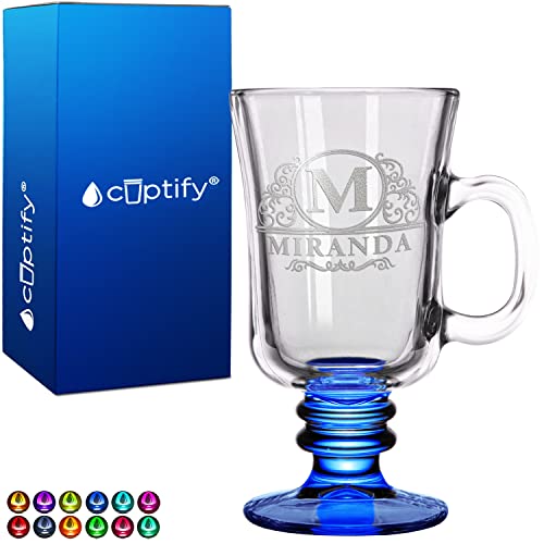 Cuptify Custom Glass Mug Elaborate Circle Font Blue 8.5 oz Irish Coffee Cup with Personalized Text Birthday Gift for Men & Women