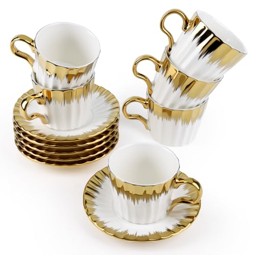 Hebaogugu Gold Trim Espresso Cup Set of 6 3.5 OZ Ceramic Turkish Coffee Cups with Saucers - 01/100ml