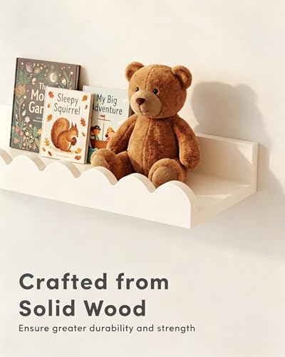 White Wood Wall Book Shelves with Hooks - Set of 3, 16 Inch, Nursery & Kids Room Decor