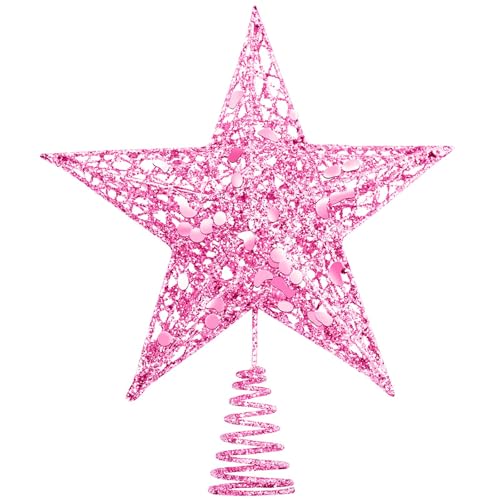 URATOT 8-Inch Pink Glittered Metal Christmas Tree Topper Star - Festive Treetop Decoration
