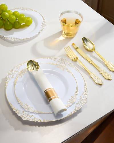 Goodluck 350-Piece Gold Trim Plastic Dinnerware Set for 50 Guests – Plates, Cutlery, Napkins, Cups