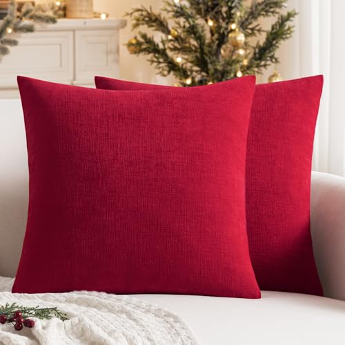 MIULEE Christmas Red Chenille Throw Pillow Covers 18x18 Pack of 2