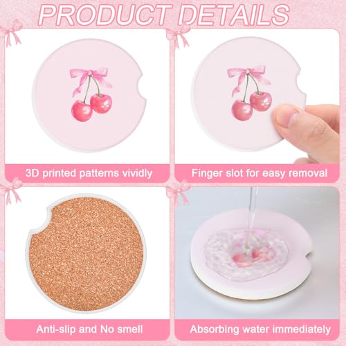 4 Pcs Pink Bow Car Coasters for Cup Holders - 2.56" Absorbent Ceramic, Boao (Pink Bow Variation)
