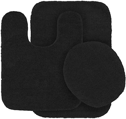 3-Piece Non-Slip Bath Mat Set with Contour Rug & Toilet Lid Cover - Black