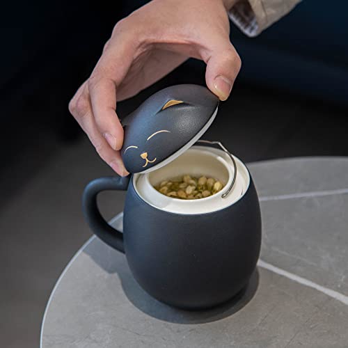 Black Cat Ceramic Tea Mug 13.5oz with Infuser & Lid - HEER