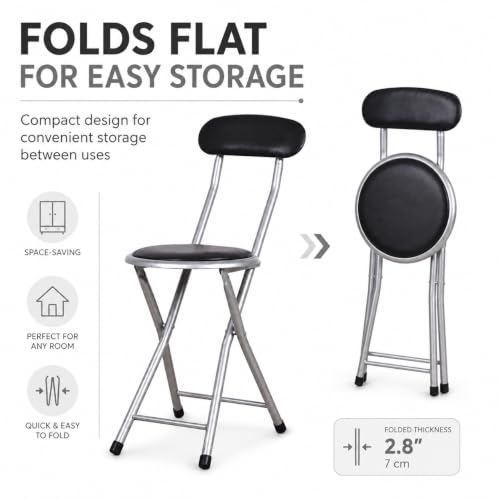 Padded Folding Stool with Backrest, Space-Saving Metal Chair for Home