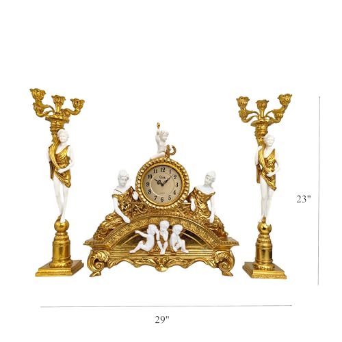 GENUINQ 23 Inch Vintage French Rococo Mantel Clock with Candleholders Set