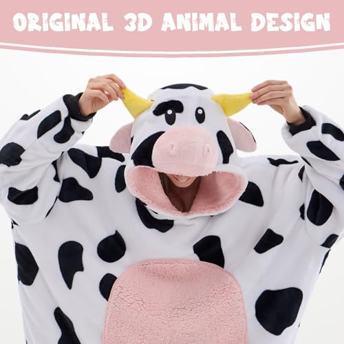 JUOLOET Pink Cow Wearable Blanket Hoodie for Adults, Hooded Sherpa Fleece with Pocket