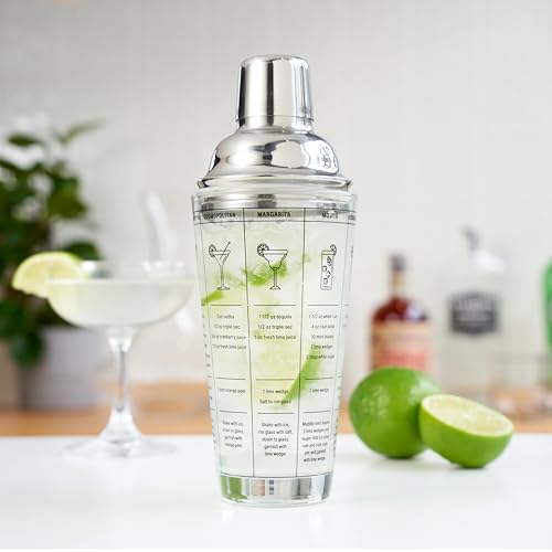TRUE Clear Glass Cocktail Shaker Set with Recipes & Measurements - 13.5 oz, Includes Jigger & Strainer, Set of 1