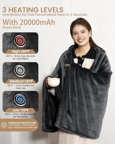 Cordless Heated Blanket with Hood - Rechargeable Battery, 9 Heating Zones