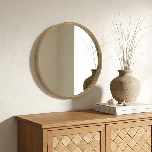24-Inch Round Wood Wall Mirror - Natural Circle Mirror for Vanity & Entryway