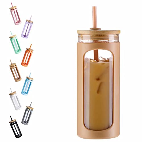 20oz Glass Water Tumbler with Bamboo Lid, Straw and Silicone Sleeve