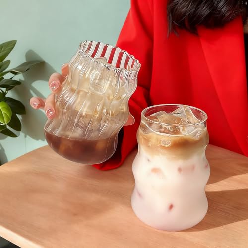 2 Pcs Ribbed Glass Cups 18 oz - Aesthetic Wavy Iced Coffee & Matcha Glasses