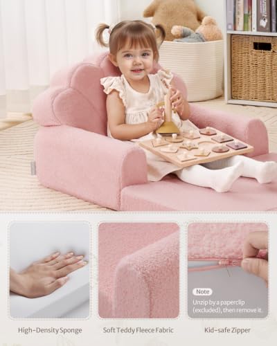 2-in-1 Foldable Kids Sofa Chair - Pink Shell Foam Convertible Play Couch