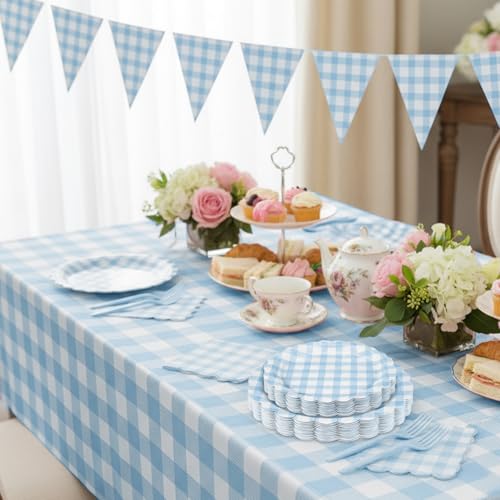 Light Blue Gingham Party Supplies Set for Wedding & Baby Showers - 175 Pieces