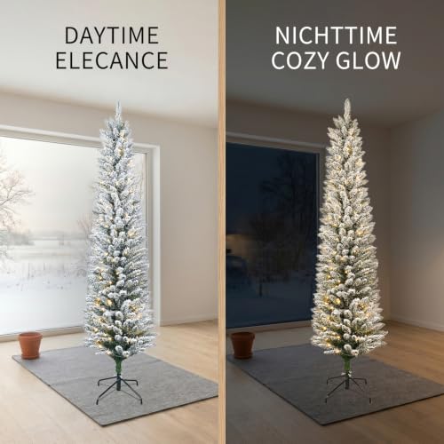 MAKEATREE 7ft Pre-Lit Slim Flocked Artificial Christmas Tree - Sectional, Warm LED Lights