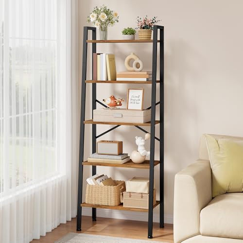 5-Tier Industrial Ladder Bookshelf, Rustic Wood and Metal Storage Shelf