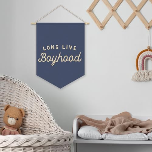 Long Live Boyhood Canvas Wall Banner, Navy Blue Nursery Playroom Decor