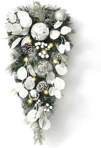 Valery Madelyn Pre-Lit 24in Teardrop Swag - Silver White Christmas Decor (Teardrop)