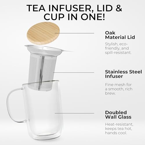 Tealyra Venus 16oz Double Wall Glass Tea Mug with Infuser & Lid