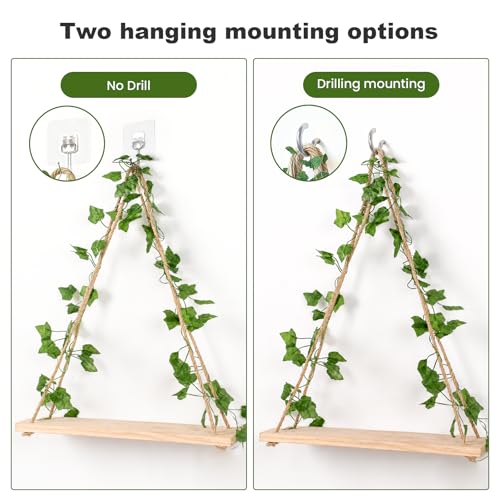 2-Piece Macrame Floating Wall Shelves with LED Lights and Artificial Ivy