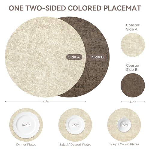 13" Round Faux Leather Placemats Set of 6 with Coasters, Reversible & Wipeable