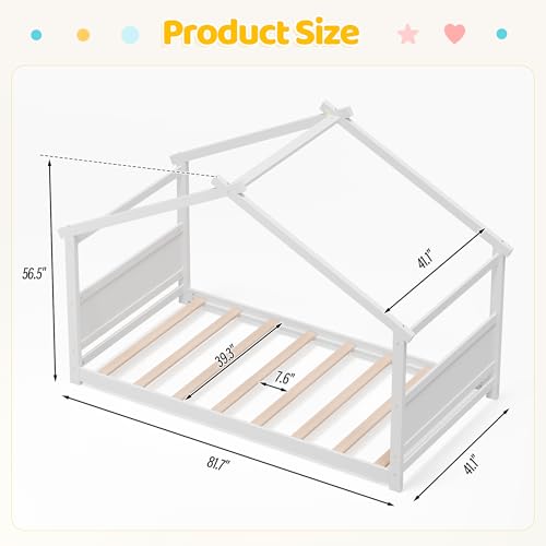 Twin Montessori Floor House Bed, Solid Wood Toddler Bed Frame, White