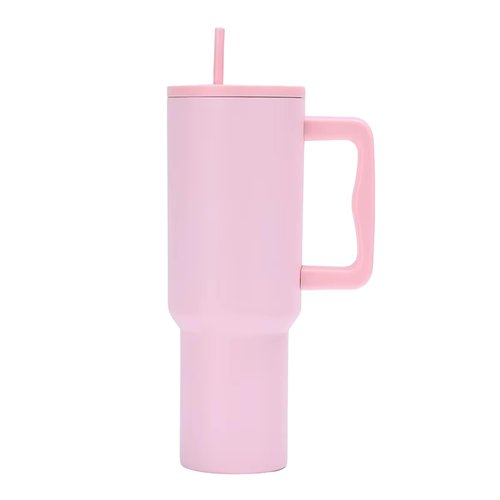 40 oz Stainless Steel Insulated Water Bottle with Handle and Straw – Large Tumbler for Cold Drinks – Leakproof BPA-Free Thermos for Travel, Gym, Office (PINK)