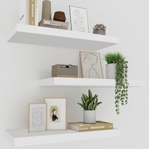 White Floating Shelves - 16-Inch Wall Mounted Display Shelves, Set of 3