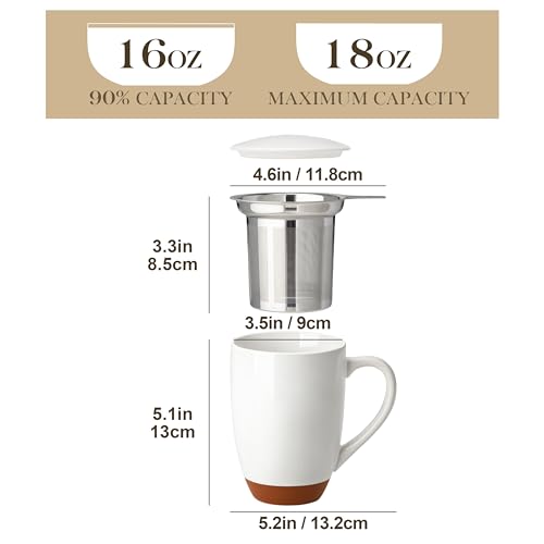 MALACASA Khaki White Ceramic Tea Mug with Infuser & Lid, 18 oz