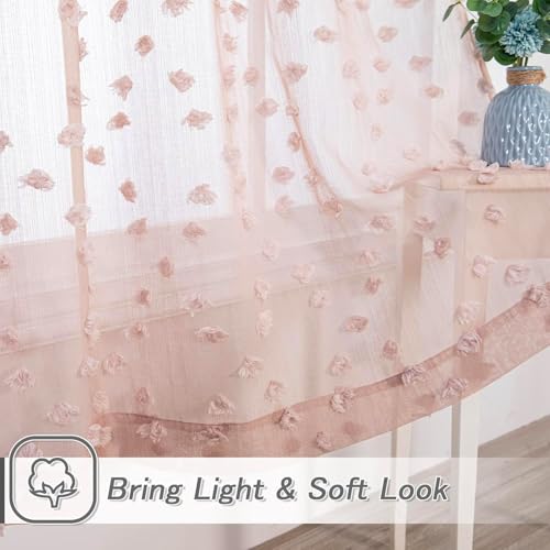 Pink Sheer Curtains with Pom Poms - 36x84 Inch Set of 2 Rod Pocket Drapes