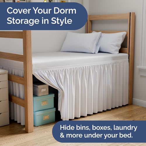 CGK Unlimited Twin XL Bed Skirt - 30 Inch Drop White Dorm Bedskirt