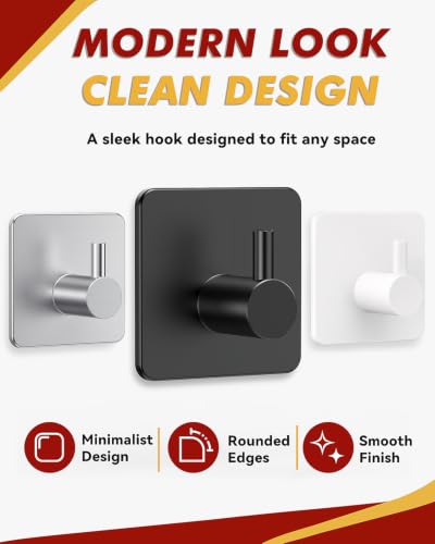 Heavy Duty Adhesive Hooks - 22lb Capacity Stainless Steel Wall Hooks, 5 Pack