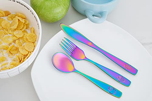 12-Piece Stainless Steel Kids Silverware Set - Toddler Safe Flatware with Rainbow Finish