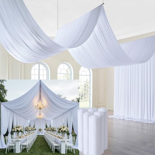 White Ceiling Drapes 6 Panels 5x20ft - Wrinkle Free Canopy Fabric Curtains