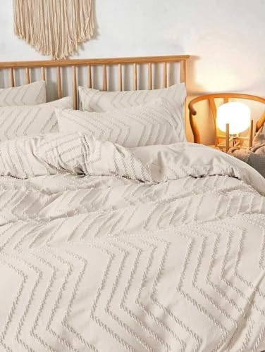 Nanko Full Size Beige Duvet Cover Set 3pc Boho Tufted Microfiber Bedding