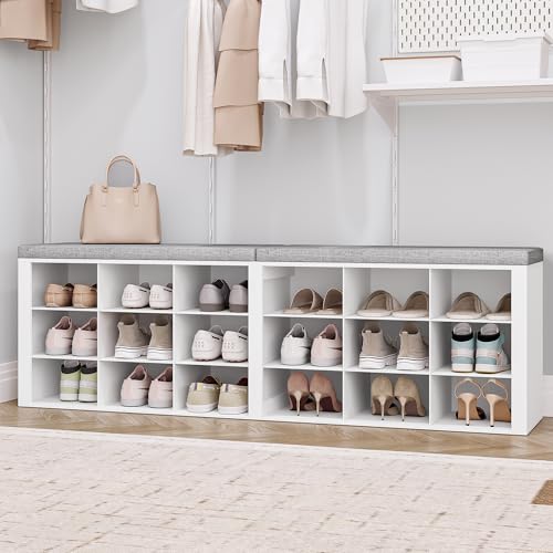 18-Cubby Shoe Storage Bench with Cushioned Seat - White Entryway Organizer