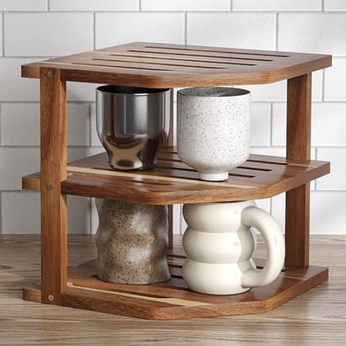 3-Tier Acacia Wood Corner Shelf for Kitchen Countertop and Cabinet Storage