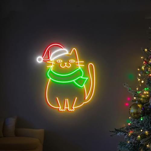 Christmas Cat Neon Sign LED Merry Christmas Neon Lights - USB, Dimmable, 16x13 Inch - HFHungkeong (Color4)