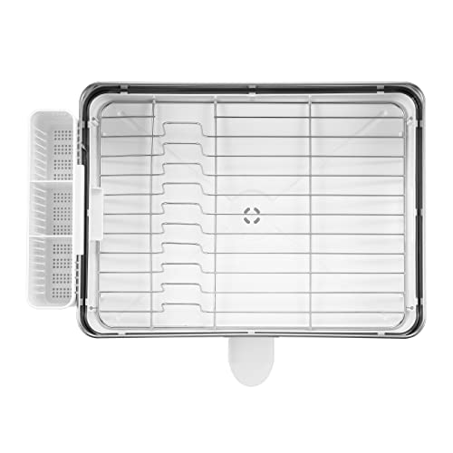 happimess DSH1003B Simple 20.5' Fingerprint-Proof Stainless Steel Dish Drying Rack, Dish Rack with Swivel Spout Tray and Wine Glass Holder, Utensil Holder, Stainless Steel/White, Silver/White