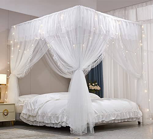 4 Poster Ruffle Princess Bed Canopy Curtain - Double Layer Mosquito Net