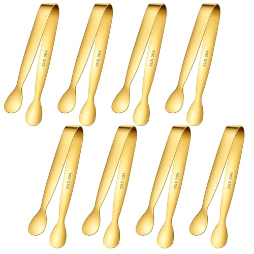 Gold Stainless Steel Ice Tongs - Small Serving & Cocktail Utensils, 8 Pack