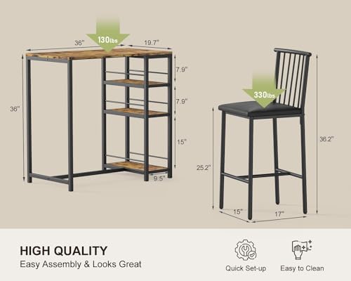 3-Piece Bar Dining Table Set with 2 Cushioned Chairs and Storage Shelves