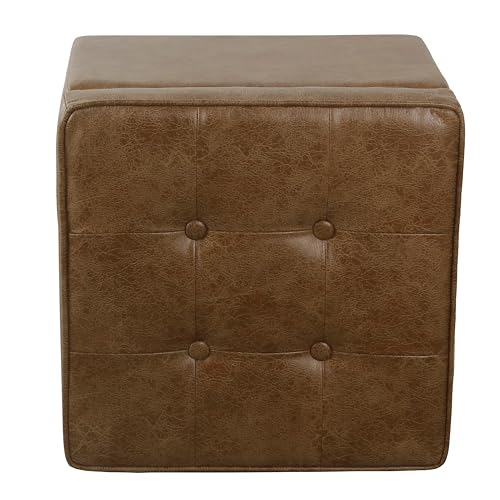Square Tufted Storage Ottoman in Distressed Brown Faux Leather